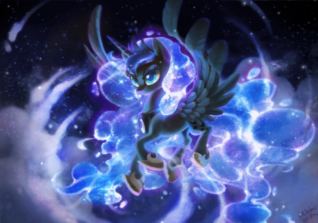 Size: 1100x774 | Tagged: safe, artist:dawnfire, artist:equum_amici, character:princess luna, species:alicorn, species:pony, g4, animated, cinemagraph, colored pupils, female, glowing mane, mare, signature, solo, spread wings, wings