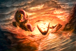 Size: 1620x1080 | Tagged: safe, artist:assasinmonkey, character:fluttershy, species:bird, species:pegasus, species:pony, cloud, cloudy, female, flying, mare, open mouth, outdoors, scenery, sky, smiling, solo, spread wings, sunset, water, wings