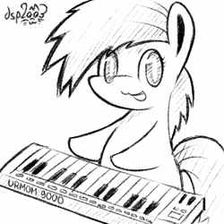 Size: 512x512 | Tagged: safe, artist:dsp2003, oc, oc only, oc:meadow stargazer, species:earth pony, species:pony, :3, bipedal, black and white, chibi, female, grayscale, keyboard, looking at you, musical instrument, open mouth, sketch, style emulation, synthesizer