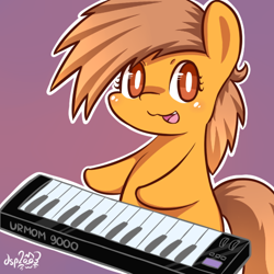 Size: 512x512 | Tagged: safe, artist:dsp2003, oc, oc only, oc:meadow stargazer, species:earth pony, species:pony, :3, bipedal, chibi, cute, female, keyboard, looking at you, musical instrument, open mouth, solo, style emulation, synthesizer