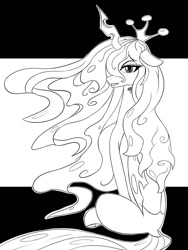 Size: 1024x1365 | Tagged: safe, artist:chapaevv, character:queen chrysalis, species:changeling, female, looking at you, monochrome, solo