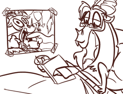 Size: 900x692 | Tagged: safe, artist:tess, character:discord, character:princess celestia, bed, book, glasses, male, monochrome, reading, solo