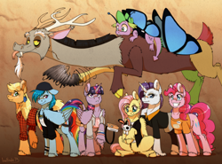 Size: 1280x946 | Tagged: safe, artist:inuhoshi-to-darkpen, character:angel bunny, character:applejack, character:discord, character:fluttershy, character:pinkie pie, character:rainbow dash, character:rarity, character:spike, character:twilight sparkle, character:twilight sparkle (alicorn), species:alicorn, species:draconequus, species:dragon, species:earth pony, species:pegasus, species:pony, species:unicorn, brown background, butterfly, butterfly effect, chloe price, clothing, cloven hooves, costume, feathered fetlocks, female, halloween, kate marsh, life is strange, mane seven, mane six, mare, maxine caulfield, rachel amber, raised hoof, simple background, victoria chase, warren graham