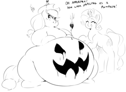 Size: 1250x908 | Tagged: safe, artist:sirmasterdufel, character:applejack, character:rarity, species:earth pony, species:pony, species:unicorn, ship:rarijack, applefat, belly, belly painting, big belly, chubby cheeks, dialogue, fat, female, jack-o-lantern, lesbian, magic, monochrome, obese, shipping