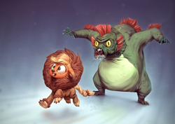 Size: 1920x1360 | Tagged: safe, artist:assasinmonkey, character:applejack, character:harry, episode:scare master, g4, my little pony: friendship is magic, applelion, bear, chase, clothing, costume, cowardly lion, drool, harry the swamp monster, nightmare night, nightmare night costume, open mouth, running, scared, scene interpretation