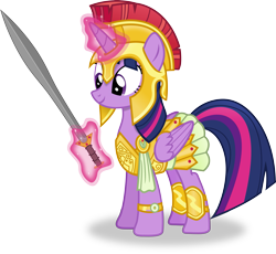 Size: 3449x3175 | Tagged: safe, artist:vector-brony, character:twilight sparkle, character:twilight sparkle (alicorn), species:alicorn, species:pony, episode:scare master, g4, my little pony: friendship is magic, armor, armor skirt, athena sparkle, clothing, costume, female, inkscape, magic, magic aura, mare, nightmare night, nightmare night costume, simple background, skirt, smiling, solo, sword, telekinesis, transparent background, vector, warrior twilight sparkle, weapon, xiphos