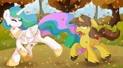 Size: 2100x1157 | Tagged: safe, artist:pearlyiridescence, character:princess celestia, oc, oc:jsonus heartguard, species:pony, species:unicorn, autumn, celesonus, leaves, panting, racing, running, running of the leaves, tongue out, tree