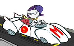 Size: 765x478 | Tagged: safe, artist:tess, character:rarity, species:pony, species:unicorn, car, clothing, driving, eyes closed, female, mach 5, mare, recolor, scarf, solo, speed racer