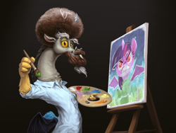 Size: 1440x1080 | Tagged: safe, artist:assasinmonkey, character:discord, character:twilight sparkle, character:twilight sparkle (alicorn), species:alicorn, species:pony, episode:what about discord?, g4, my little pony: friendship is magic, afro, bob ross, canvas, discord's painting, draconiross, easel, female, mare, painting, palette, parody, reference, scene interpretation, solo, that was fast