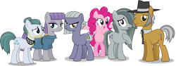 Size: 5606x2115 | Tagged: safe, artist:vector-brony, character:cloudy quartz, character:igneous rock pie, character:limestone pie, character:marble pie, character:maud pie, character:pinkie pie, species:earth pony, species:pony, episode:hearthbreakers, g4, my little pony: friendship is magic, absurd resolution, clothing, family, glasses, group, hair over one eye, hat, inkscape, looking at you, necktie, open mouth, pie family, pie sisters, pinkie pie's parents, quartzrock, siblings, signature, simple background, sisters, smiling, transparent background, vector