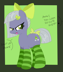 Size: 2200x2500 | Tagged: safe, artist:an-tonio, artist:krazykari, character:limestone pie, bow, clothing, colored, cute, dialogue, embarrassed, female, implied pinkie pie, limabetes, limetsun pie, ribbon, socks, solo, striped socks, tail bow, tsundere