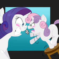 Size: 1000x1000 | Tagged: safe, artist:krazykari, artist:purple-yoshi-draws, character:rarity, character:sweetie belle, episode:sisterhooves social, g4, my little pony: friendship is magic, angry, fight, marshmelodrama