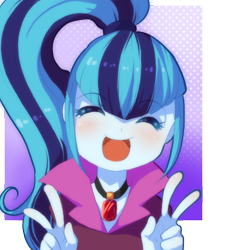 Size: 460x500 | Tagged: safe, artist:loyaldis, character:sonata dusk, equestria girls:rainbow rocks, g4, my little pony: equestria girls, my little pony:equestria girls, abstract background, blushing, bust, cute, eyes closed, female, happy, open mouth, peace sign, solo, sonatabetes