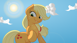 Size: 1920x1080 | Tagged: safe, artist:joey darkmeat, artist:mamandil, character:applejack, cloud, cloudy, female, hatless, looking at you, looking down, missing accessory, raised hoof, solo, sun, wallpaper