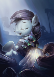 Size: 850x1200 | Tagged: safe, artist:assasinmonkey, character:coloratura, species:earth pony, species:pony, episode:the mane attraction, g4, my little pony: friendship is magic, clothing, crying, female, glowing cutie mark, glowing plot, liquid pride, mare, piano, playing, rara, scene interpretation, solo, tears of joy, that was fast, the magic inside