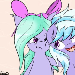 Size: 2500x2500 | Tagged: safe, artist:freefraq, character:cloudchaser, character:flitter, species:pegasus, species:pony, g4, bow, cute, female, hair bow, looking at each other, mare, open mouth, open smile, scrunchy face, signature, simple background, smiling, wings