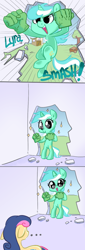 Size: 500x1467 | Tagged: safe, artist:adequality, artist:php27, character:bon bon, character:lyra heartstrings, character:sweetie drops, species:pony, ..., bipedal, bon bon is not amused, comic, cute, hulk hands, lyrabetes, smashing, the incredible hulk