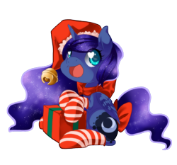 Size: 806x750 | Tagged: safe, artist:loyaldis, character:princess luna, bow, christmas, clothing, cute, female, filly, happy, lunabetes, open mouth, present, santa hat, santa woona, simple background, sitting, smiling, socks, solo, striped socks, tail bow, transparent background, woona