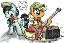 Size: 1400x944 | Tagged: safe, artist:flutterthrash, character:applejack, character:coloratura, species:earth pony, species:pony, episode:the mane attraction, g4, my little pony: friendship is magic, abstract background, amplifier, black sabbath, dialogue, electric guitar, eye clipping through hair, female, guitar, heavy metal, hoof hold, mare, metal, open mouth, paranoid, rara, signature, simple background, singing, sitting, song reference, text, three quarter view