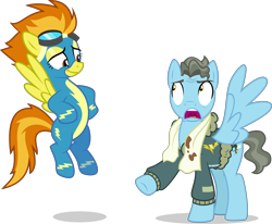 Size: 5000x4116 | Tagged: safe, artist:xebck, character:spitfire, character:wind rider, episode:rarity investigates, g4, my little pony: friendship is magic, .svg available, absurd resolution, clothing, flying, goggles, open mouth, simple background, smiling, transparent background, vector, wonderbolts, wonderbolts uniform