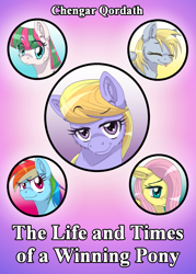 Size: 1145x1600 | Tagged: safe, artist:inuhoshi-to-darkpen, character:blossomforth, character:cloud kicker, character:derpy hooves, character:fluttershy, character:rainbow dash, species:pegasus, species:pony, fanfic:the life and times of a winning pony, winningverse, cover, fanfic, fanfic art, fanfic cover, female, mare