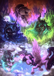 Size: 1020x1440 | Tagged: safe, artist:assasinmonkey, character:king sombra, character:nightmare moon, character:princess luna, character:queen chrysalis, character:starlight glimmer, character:twilight sparkle, character:twilight sparkle (alicorn), species:alicorn, species:changeling, species:pony, species:umbrum, species:unicorn, episode:the cutie re-mark, g4, cloud, epic, female, fight, glowing horn, levitation, magic, mare, mare in the moon, moon, self-levitation, sombra horn, telekinesis