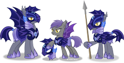 Size: 3712x1900 | Tagged: safe, artist:vector-brony, oc, oc only, oc:midnight blossom, species:bat pony, species:pony, alternate timeline, armor, bat pony oc, fangs, female, helmet, hoof shoes, inkscape, male, mare, night guard, nightmare takeover timeline, royal guard, simple background, slit eyes, spear, stallion, transparent background, trio, vector, weapon