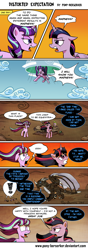 Size: 850x2409 | Tagged: safe, artist:pony-berserker, character:spike, character:starlight glimmer, character:twilight sparkle, character:twilight sparkle (alicorn), species:alicorn, species:dragon, species:pony, episode:the cutie re-mark, alternate timeline, annoyed, ashlands timeline, barren, cataclysm, comic, crossover, dialogue, exclamation point, eye contact, female, floppy ears, frown, glare, gritted teeth, i am your father, implied genocide, looking at each other, looking up, male, mare, murozond, nozdormu, open mouth, post-apocalyptic, shocked, smirk, speech bubble, unamused, warcraft, wasteland, wide eyes, windswept mane, world of warcraft