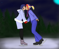 Size: 1280x1067 | Tagged: safe, artist:eve-ashgrove, character:rainbow dash, character:twilight sparkle, species:human, ship:twidash, clothing, coat, female, humanized, ice skates, ice skating, kissing, lesbian, mittens, scarf, shipping, winter