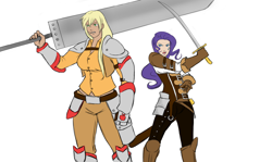 Size: 1440x858 | Tagged: safe, artist:eve-ashgrove, character:applejack, character:rarity, species:human, alternative cutie mark placement, armor, dark skin, facial cutie mark, humanized, scar, size difference, sword, weapon