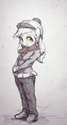 Size: 578x1080 | Tagged: safe, artist:assasinmonkey, character:applejack, species:anthro, species:plantigrade anthro, beanie, chromatic aberration, clothing, cute, female, freckles, hat, jackabetes, limited palette, looking at you, pants, scarf, selective color, shoes, smiling, solo, winter outfit