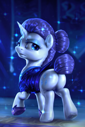 Size: 800x1200 | Tagged: safe, artist:assasinmonkey, character:rarity, species:pony, species:unicorn, episode:the cutie re-mark, alternate hairstyle, alternate timeline, clothing, female, frown, lidded eyes, looking back, mare, night maid rarity, night maid rearity, nightmare takeover timeline, plot, raised hoof, raised leg, rearity, serious, shiny, short tail, solo, sparkles, underhoof