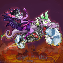 Size: 1500x1500 | Tagged: safe, artist:flutterthrash, character:midnight sparkle, character:spike, character:twilight sparkle, character:twilight sparkle (scitwi), species:eqg human, my little pony:equestria girls, album cover, canterlot high, destruction, judas priest, metal, metal as fuck, midnight sparkle, motorcycle, painkiller, parody