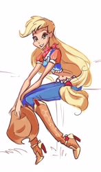 Size: 1931x3292 | Tagged: safe, artist:holivi, character:applejack, bandana, belly button, female, high heel boots, humanized, midriff, sitting, solo, style emulation, winx club