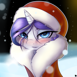 Size: 3600x3600 | Tagged: safe, artist:captainpudgemuffin, character:rarity, species:pony, species:unicorn, beautiful, bedroom eyes, blushing, christmas, clothing, coat, cute, female, fluffy, hat, looking at you, mare, raribetes, santa costume, santa hat, snow, snowfall, solo, sweet dreams fuel, winter, winter outfit