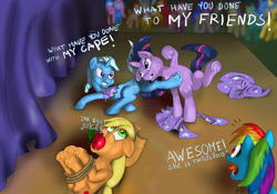 Size: 1755x1228 | Tagged: safe, artist:xbi, character:applejack, character:rainbow dash, character:trixie, character:twilight sparkle, species:pony, episode:boast busters, g4, my little pony: friendship is magic, abuse, apple, apple gag, bondage, bound and gagged, bucking, catfight, clothing, fight, flexible, food, frog (hoof), gag, jackabuse, kung fu, scene interpretation, silly, silly pony, torn clothes, twilightlicious, underhoof
