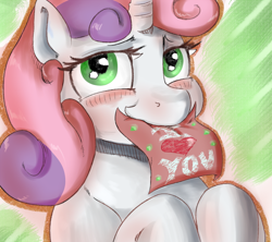 Size: 1000x889 | Tagged: safe, artist:sirmasterdufel, character:sweetie belle, blushing, heart, mouth hold, note, valentine