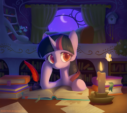 Size: 1203x1071 | Tagged: safe, artist:dawnfire, character:twilight sparkle, book, butterfly, candle, colored pupils, female, golden oaks library, moth, red eyes, solo