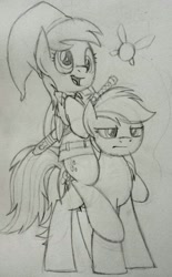 Size: 1004x1622 | Tagged: safe, artist:drawponies, character:derpy hooves, character:rainbow dash, species:pegasus, species:pony, clothing, costume, crossover, female, link, mare, monochrome, navi, ponies riding ponies, sketch, the legend of zelda, traditional art