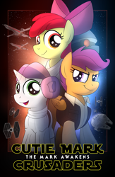 Size: 1000x1533 | Tagged: safe, artist:drawponies, character:apple bloom, character:scootaloo, character:sweetie belle, species:pegasus, species:pony, alternate hairstyle, clothing, cosplay, costume, crossover, cutie mark crusaders, han solo, leia skywalker, looking at you, luke skywalker, millenium falcon, princess leia, smiling, smirk, star wars, star wars: the force awakens, starfighter, starkiller base, tie fighter, x-wing