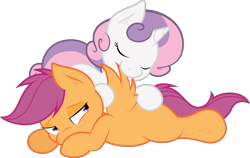 Size: 5000x3165 | Tagged: safe, artist:atmospark, artist:joey darkmeat, character:scootaloo, character:sweetie belle, species:pegasus, species:pony, .svg available, colored, cute, cutealoo, diasweetes, eyes closed, preening, simple background, transparent background, vector