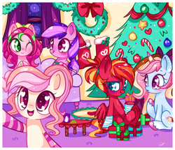 Size: 1024x881 | Tagged: safe, artist:ipun, oc, oc only, oc:cuddle bug, oc:fire strike, oc:neigh-apolitan, oc:precious metal, species:earth pony, species:pegasus, species:pony, species:unicorn, blushing, bow, christmas, christmas stocking, christmas tree, clothing, female, hair bow, heart, heart eyes, holiday, mare, night, one eye closed, ponytail, present, smiling, socks, stars, striped socks, tongue out, tree, wingding eyes, wink