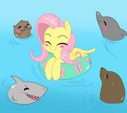 Size: 900x800 | Tagged: safe, artist:glacierclear edits, artist:krazykari, edit, character:fluttershy, dolphin, otter, seal, shark, this isn't as bad as it looks, water