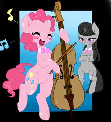 Size: 932x1024 | Tagged: safe, artist:ayahana, artist:krazykari, character:octavia melody, character:pinkie pie, abstract background, bipedal, blushing, bow tie, cello, duo, music notes, musical instrument, unamused