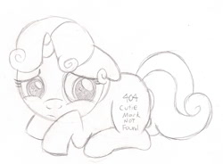 Size: 1220x900 | Tagged: safe, artist:drawponies, character:sweetie belle, species:pony, species:unicorn, sweetie bot, 404, black and white, cutie mark, error, female, filly, floppy ears, foal, grayscale, hooves, horn, lying down, monochrome, prone, robot, robot pony, sad, solo, text, traditional art