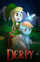 Size: 1000x1533 | Tagged: safe, artist:drawponies, character:derpy hooves, character:rainbow dash, species:pegasus, species:pony, clothing, costume, crossover, epic derpy, link, navi, ponies riding ponies, the legend of zelda