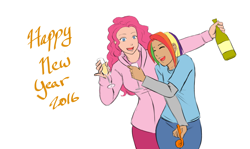 Size: 1440x858 | Tagged: safe, artist:eve-ashgrove, character:pinkie pie, character:rainbow dash, species:human, ship:pinkiedash, alcohol, drunk, drunker dash, drunkie pie, female, food, happy new year, happy new year 2016, humanized, lesbian, shipping