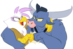 Size: 660x446 | Tagged: safe, artist:php27, character:gilda, character:iron will, species:griffon, species:minotaur, duo, eye contact, female, fist bump, hug, looking at each other, male, simple background, white background