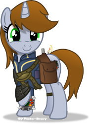 Size: 3122x4290 | Tagged: safe, artist:vector-brony, oc, oc only, oc:littlepip, species:pony, species:unicorn, fallout equestria, clothing, cute, fanfic, fanfic art, female, gun, handgun, hooves, horn, little macintosh, mare, optical sight, pipabetes, pipboy, pipbuck, raised hoof, revolver, saddle bag, simple background, smiling, solo, transparent background, vault suit, vector, weapon