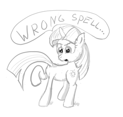 Size: 500x476 | Tagged: safe, artist:xbi, character:twilight sparkle, species:pony, body part swap, dialogue, female, head swap, looking back, open mouth, raised hoof, simple background, sketch, solo, spell gone wrong, tail swap, wat, what has magic done, white background